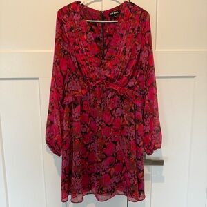 Steve Madden Pink & Berry Floral Gauzy Dress | Long Sleeve | Tie Waist | Large